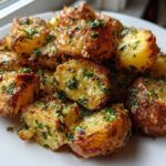 A plate of golden brown, crispy Parmesan Herb Roasted Potatoes topped with fresh green herbs.