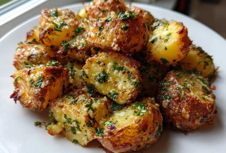 A plate of golden brown, crispy Parmesan Herb Roasted Potatoes topped with fresh green herbs.