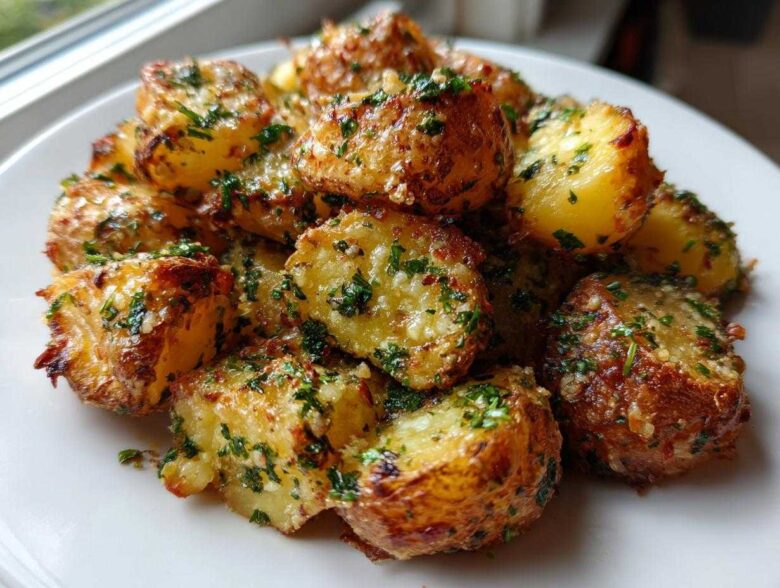 A plate of golden brown, crispy Parmesan Herb Roasted Potatoes topped with fresh green herbs.