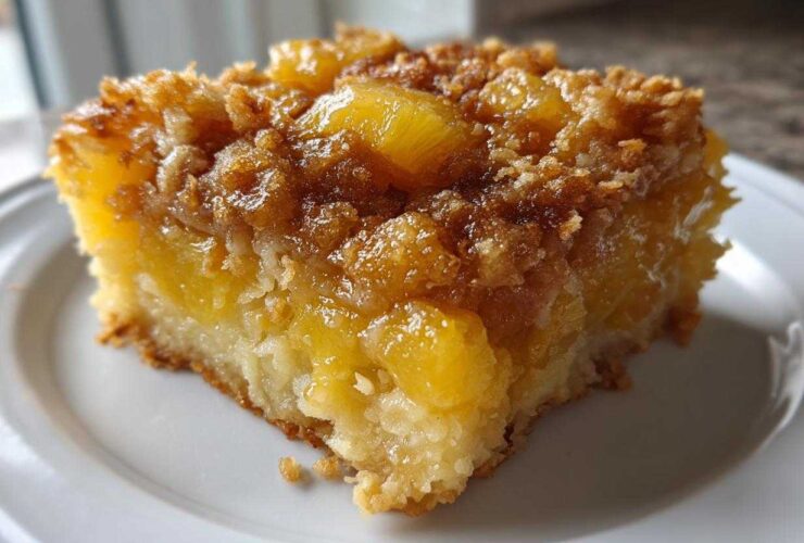 Close-up of a moist slice of Paula Deen Pineapple Casserole featuring chunks of pineapple and a brown sugar crumb topping.