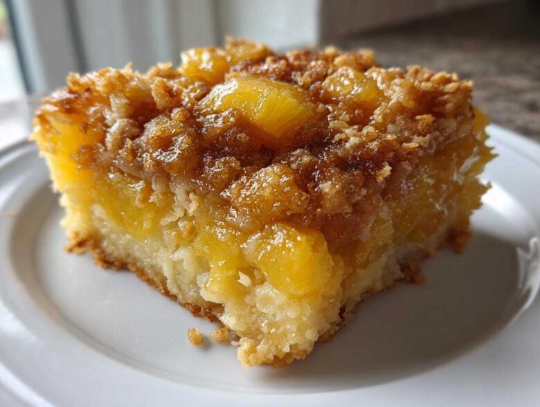 Close-up of a moist slice of Paula Deen Pineapple Casserole featuring chunks of pineapple and a brown sugar crumb topping.