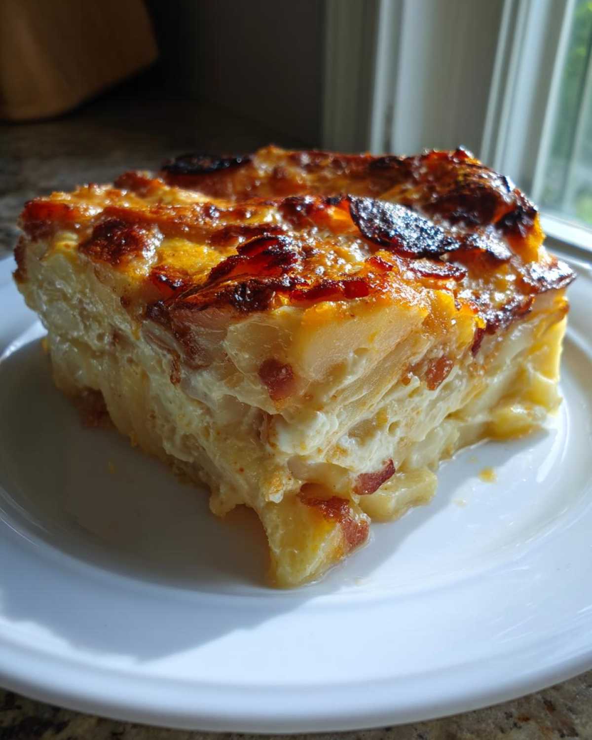 A thick, square slice of Paula Deen Scalloped Potatoes with layers of creamy sauce and a deeply browned, cheesy top.