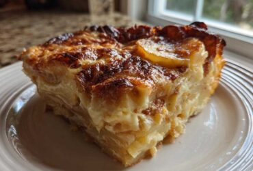 A close-up of a rich, creamy slice of Paula Deen Scalloped Potatoes with a deeply browned, cheesy top.