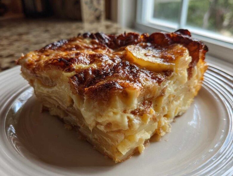 A close-up of a rich, creamy slice of Paula Deen Scalloped Potatoes with a deeply browned, cheesy top.