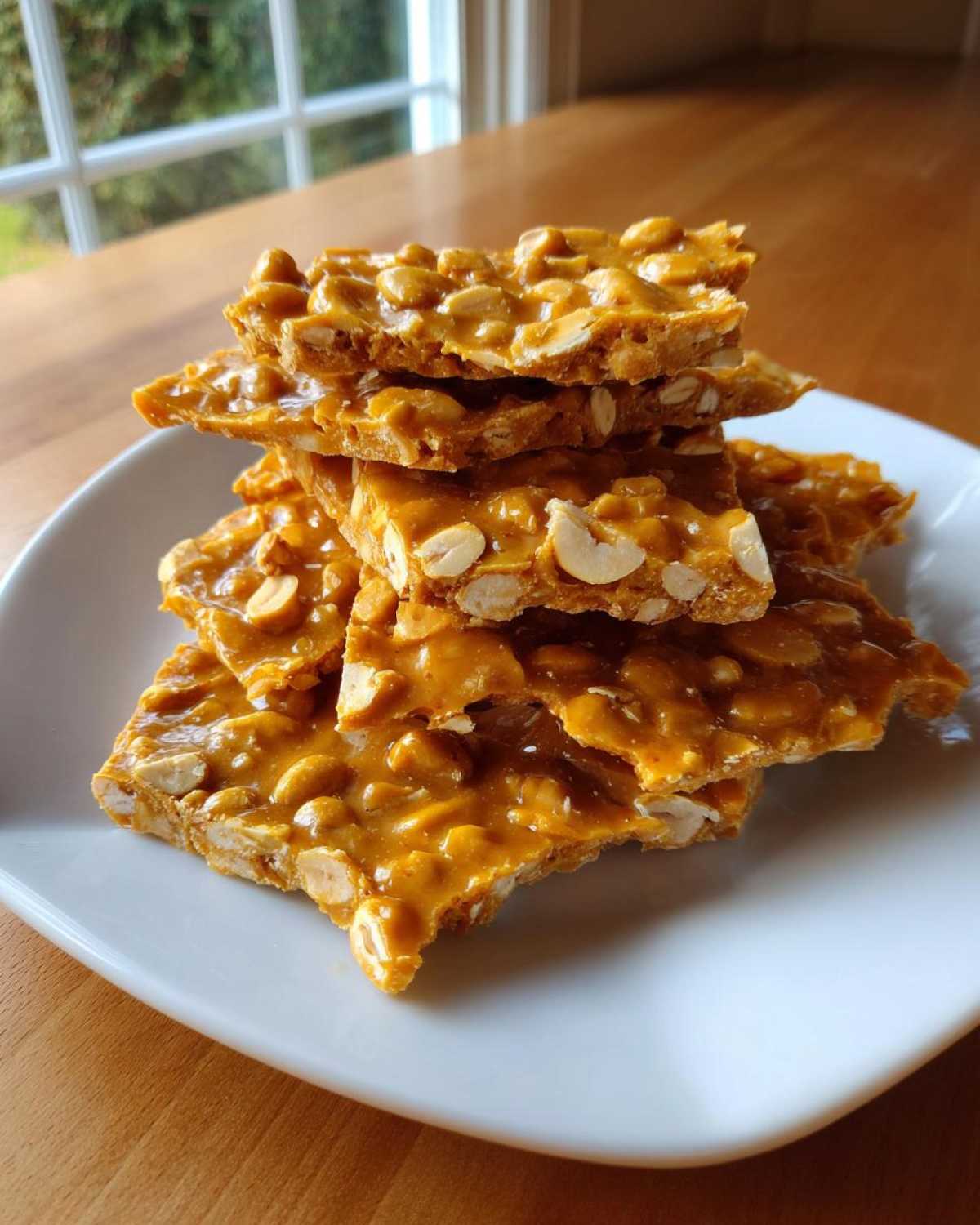 A stack of golden brown, crunchy pieces from a peanut brittle recipe piled on a white square plate.