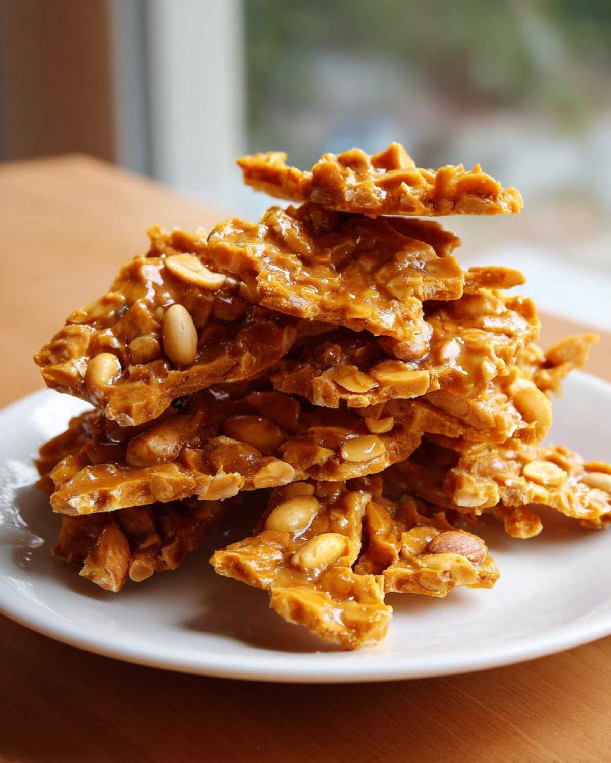A stack of golden, glassy pieces of homemade peanut brittle recipe piled high on a white plate.