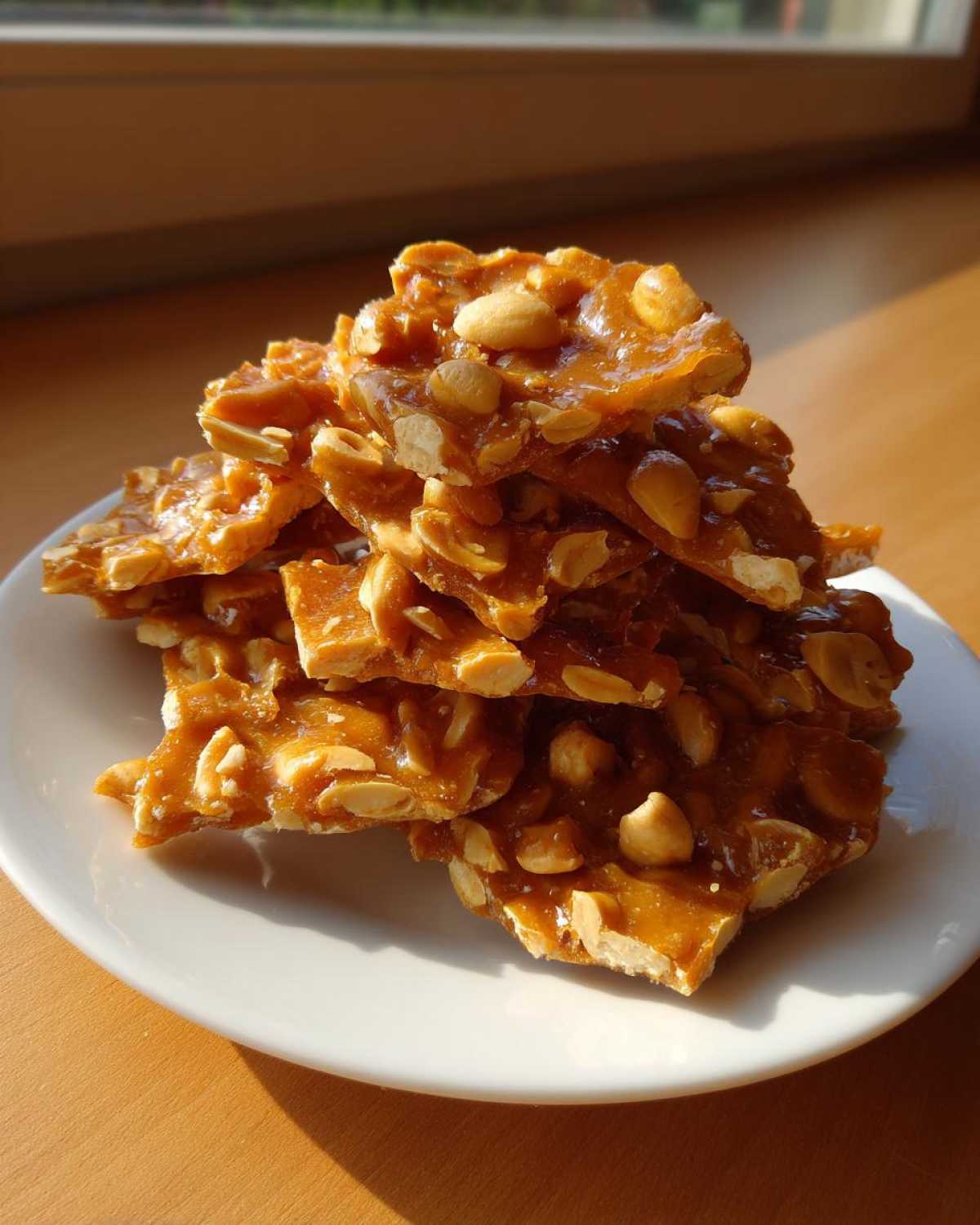 A stack of golden brown, broken pieces of homemade peanut brittle recipe resting on a white plate.