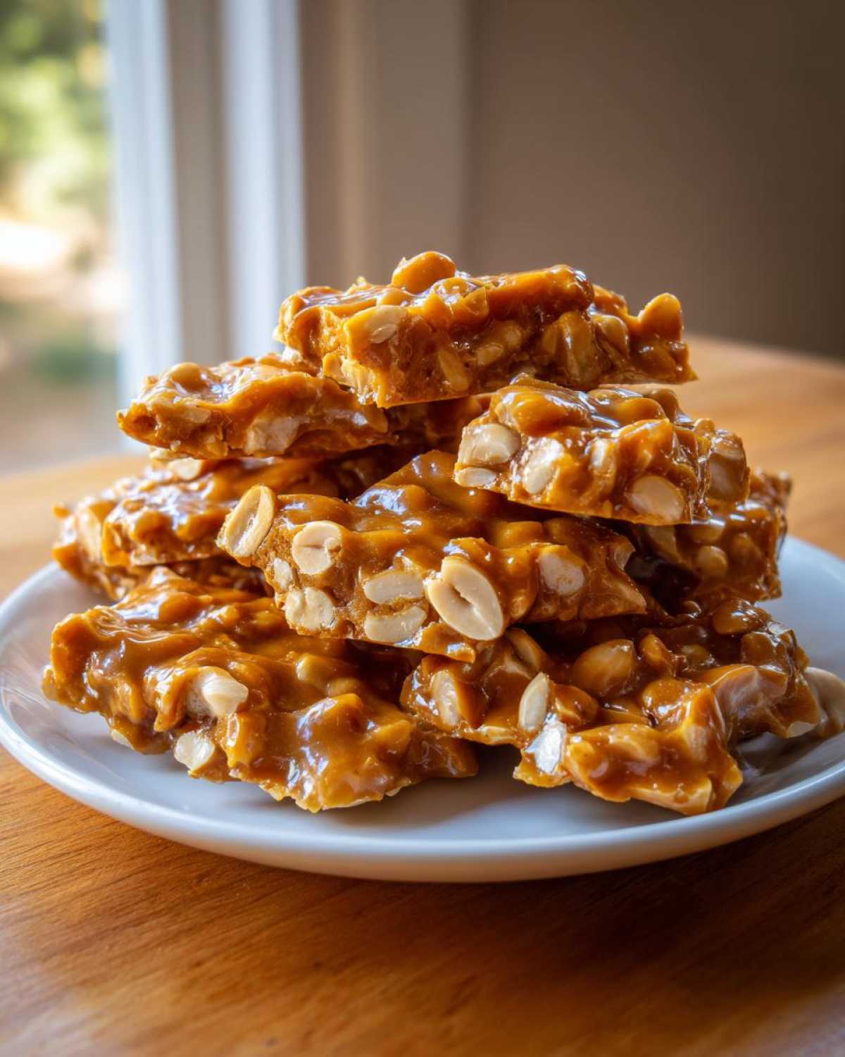 A stack of freshly broken pieces of golden brown peanut brittle recipe on a white plate.