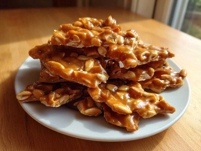 A stack of golden brown, glossy pieces of homemade peanut brittle recipe resting on a white plate.