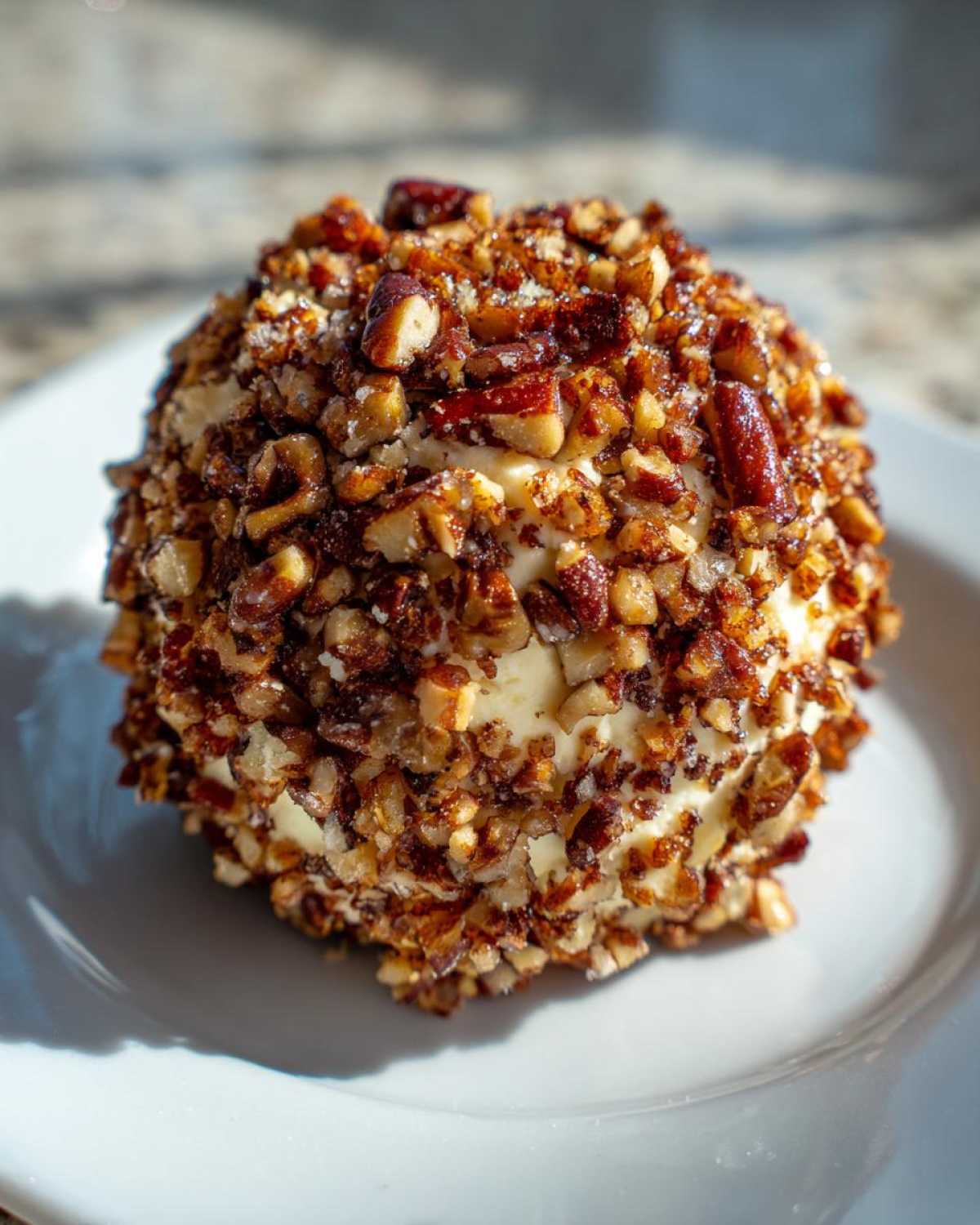 A creamy cheese ball recipe coated entirely in chopped, toasted pecans, resting on a white plate.