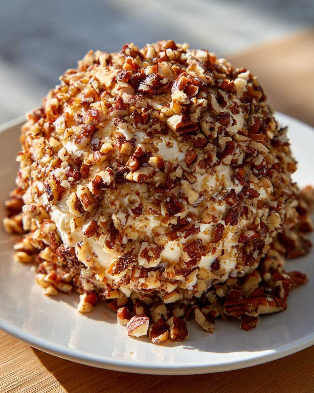 A perfectly formed, creamy cheese ball recipe coated entirely in chopped, toasted pecans, resting on a white plate.