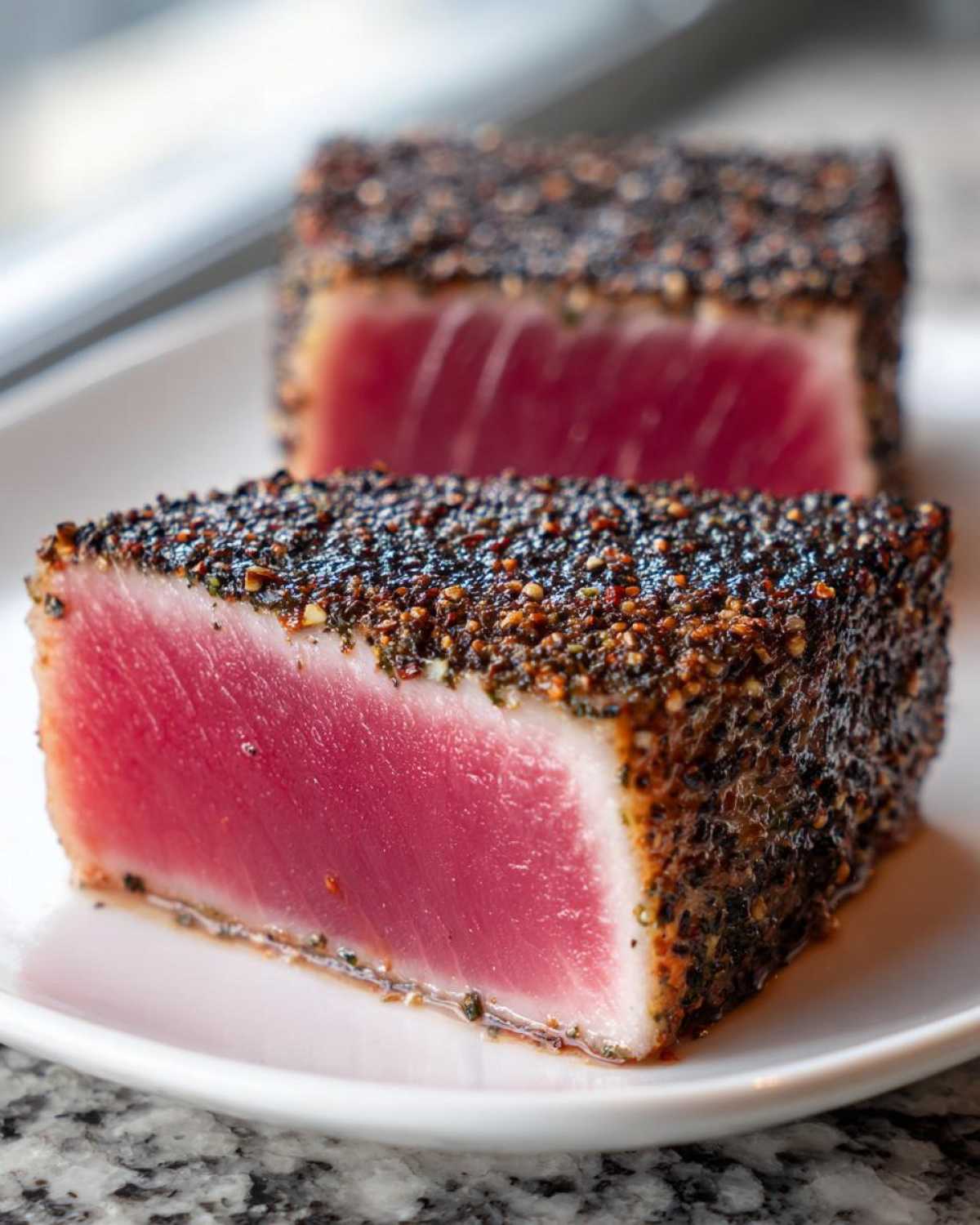 Close-up of two slices of rare, pepper-crusted tuna steak showing bright pink center and dark seasoning.