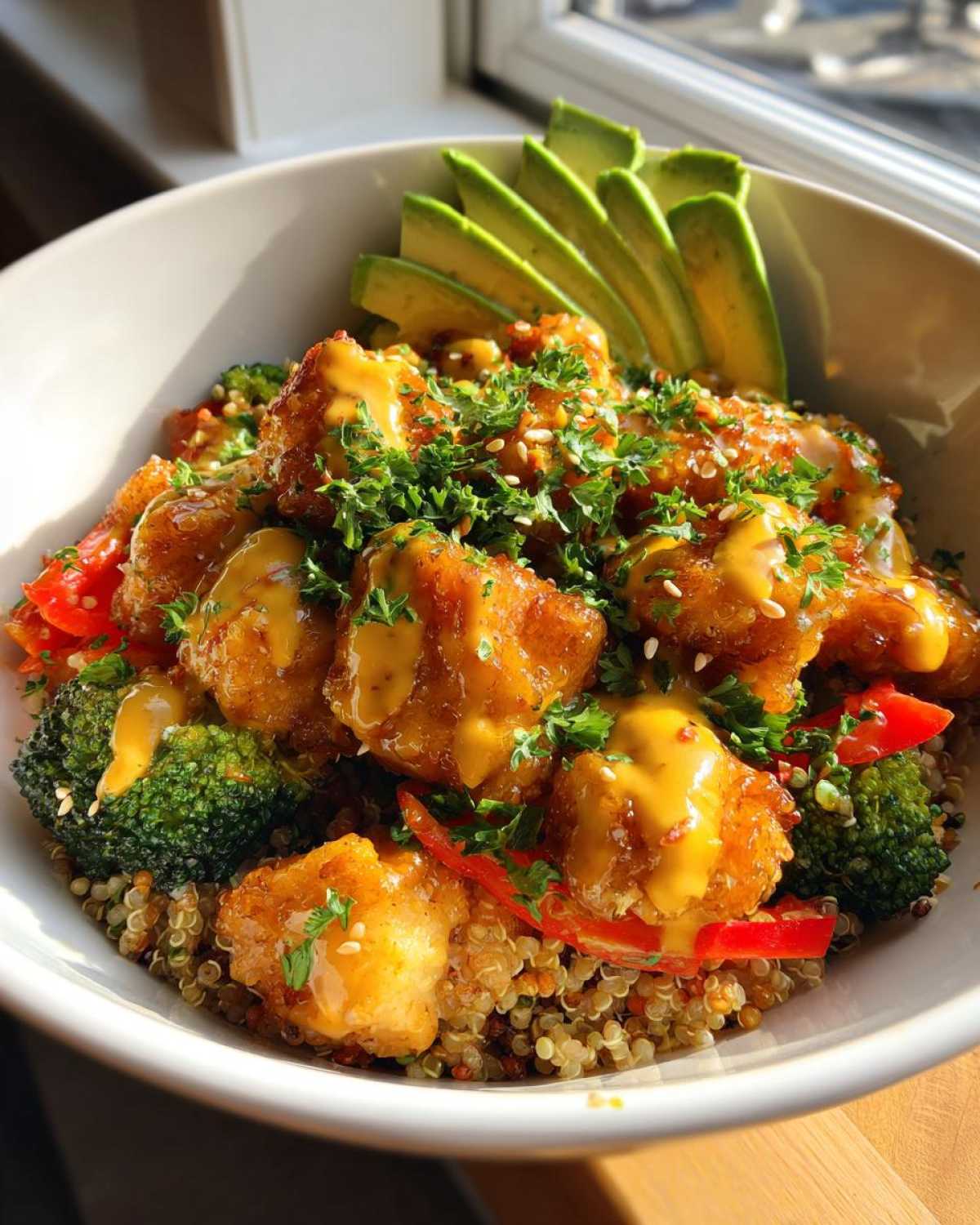 Close-up of Perfect Honey Mustard Chicken Bowls featuring crispy chicken, quinoa, broccoli, and sliced avocado.