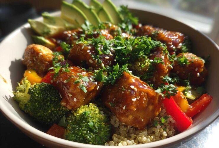 Close-up of Perfect Honey Mustard Chicken Bowls featuring glazed chicken, broccoli, peppers, and sliced avocado over quinoa.