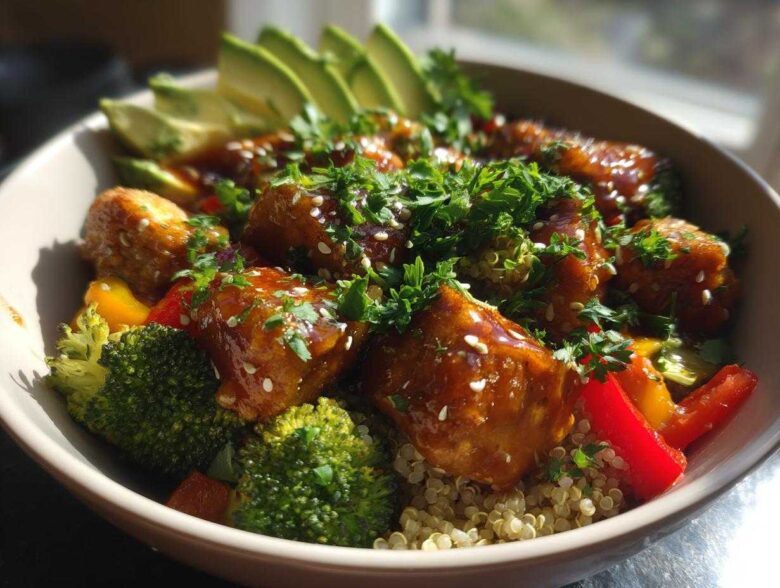 Close-up of Perfect Honey Mustard Chicken Bowls featuring glazed chicken, broccoli, peppers, and sliced avocado over quinoa.