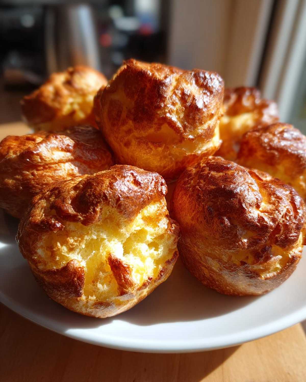 A close-up of several golden-brown, puffed Yorkshire puddings resting on a white plate, showing their airy interior.