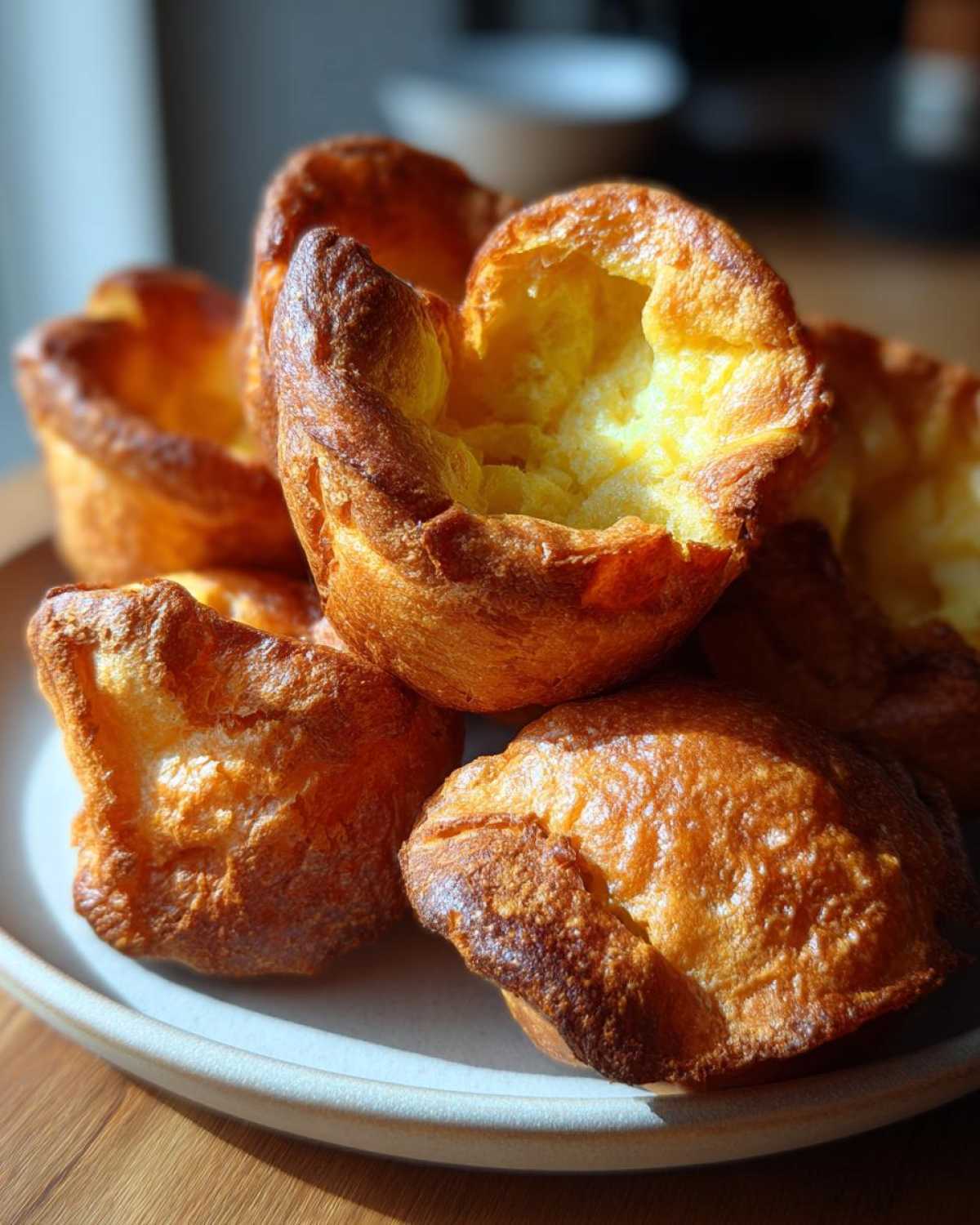 A close-up of several golden brown, puffed Yorkshire pudding resting on a light-colored plate.