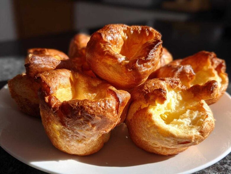 A close-up of several golden brown, perfectly risen yorkshire pudding on a white plate.