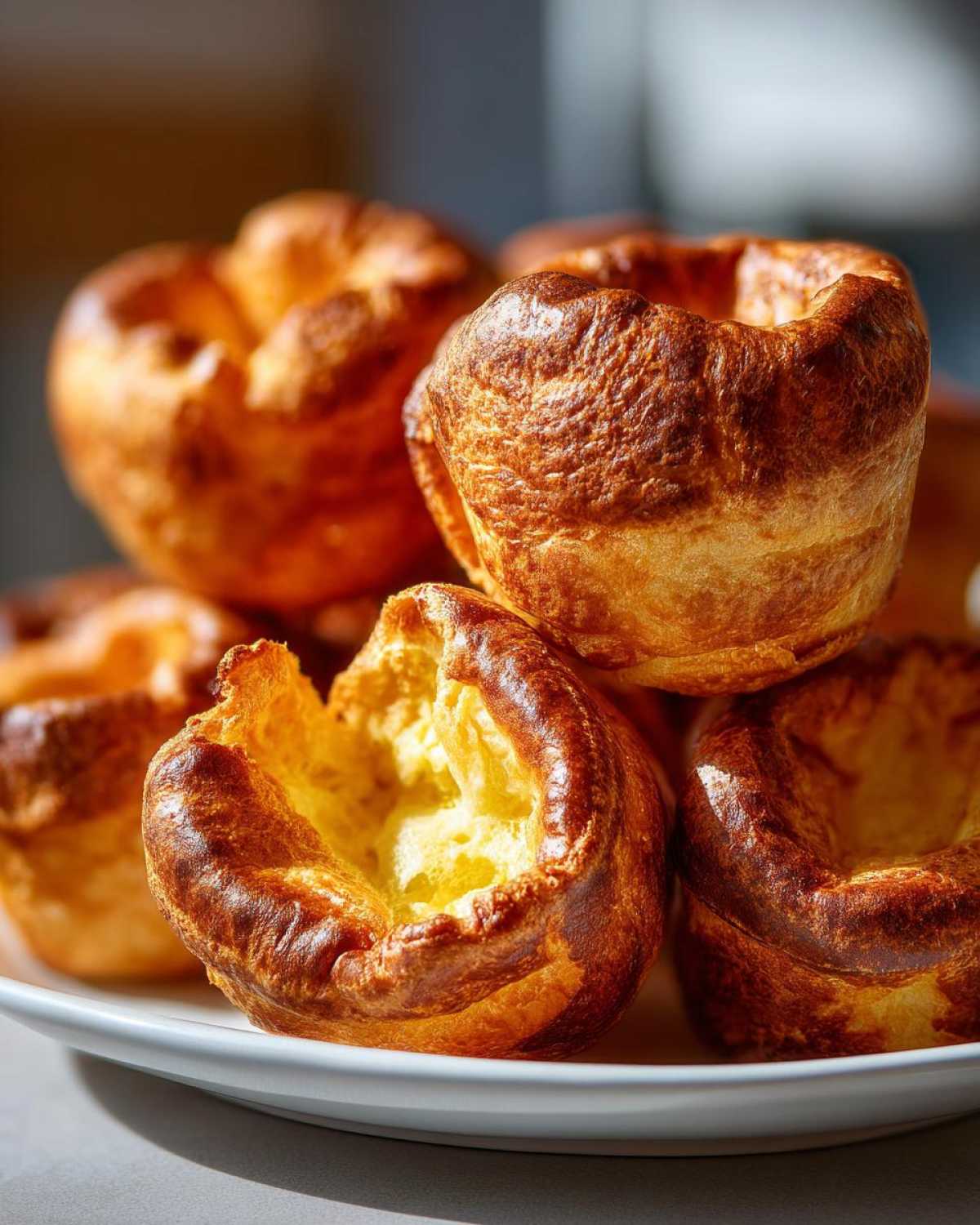 A close-up of several golden brown, perfectly risen yorkshire pudding piled high on a white plate.