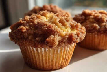 A close-up of a moist Pineapple Muffins With Crumb Topping featuring a thick, sugary cinnamon streusel topping.