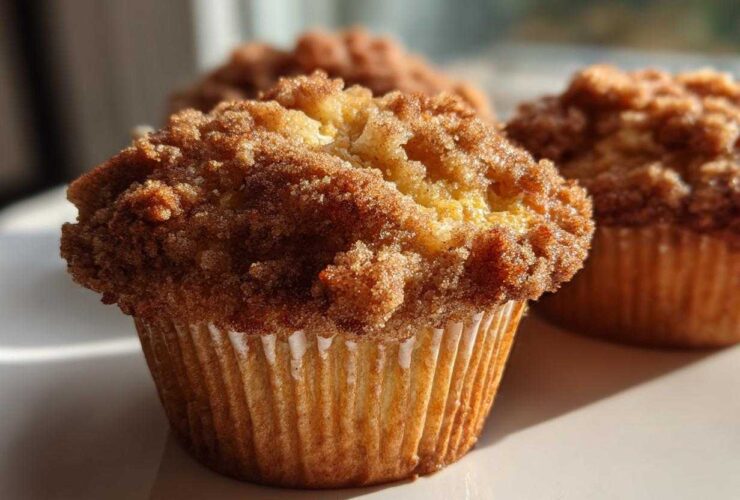 A close-up of a moist Pineapple Muffins With Crumb Topping featuring a thick, sugary cinnamon streusel topping.