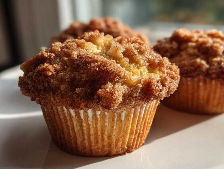 A close-up of a moist Pineapple Muffins With Crumb Topping featuring a thick, sugary cinnamon streusel topping.
