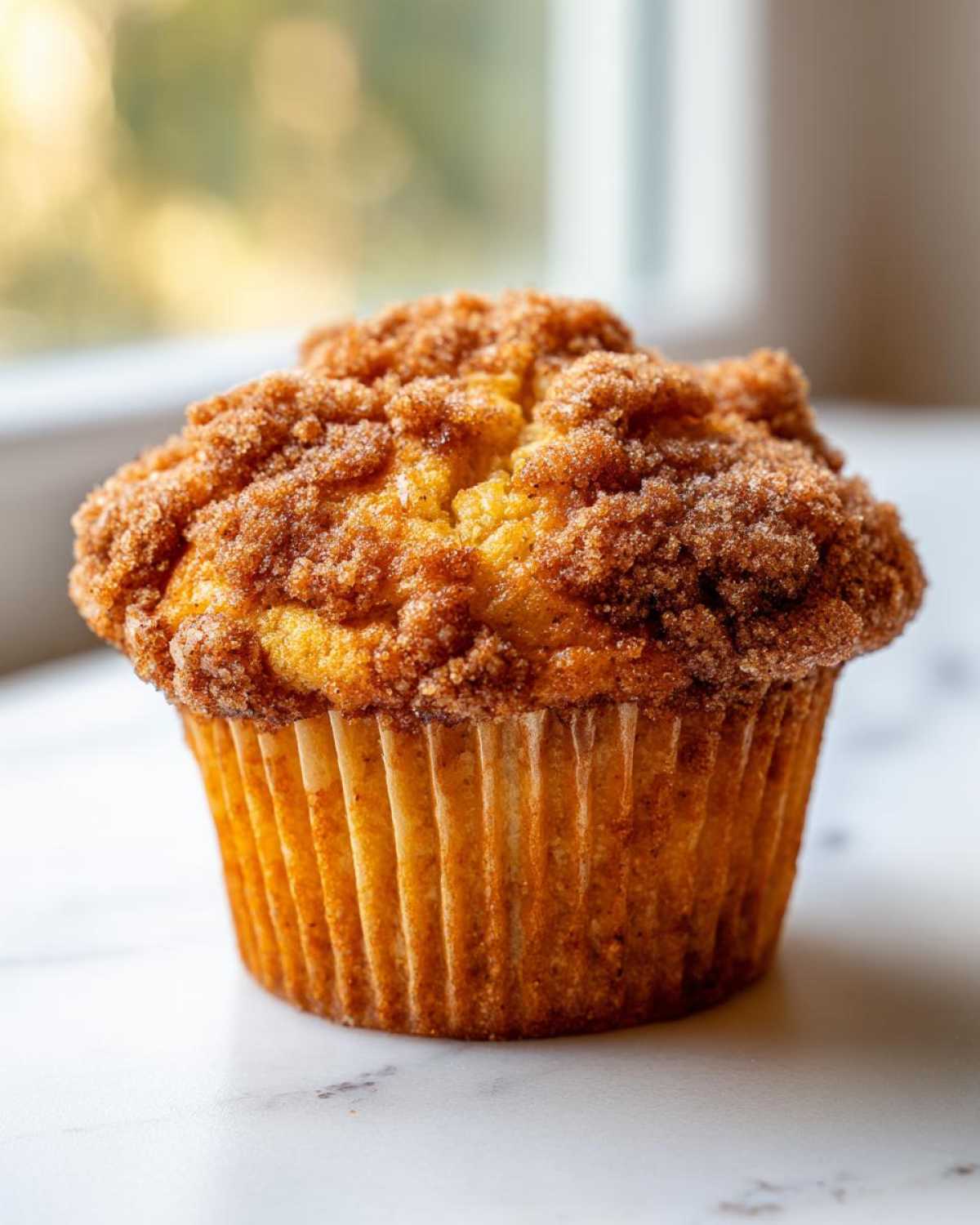 A close-up of a single, moist Pineapple Muffin With Crumb Topping sitting on a white marble surface.