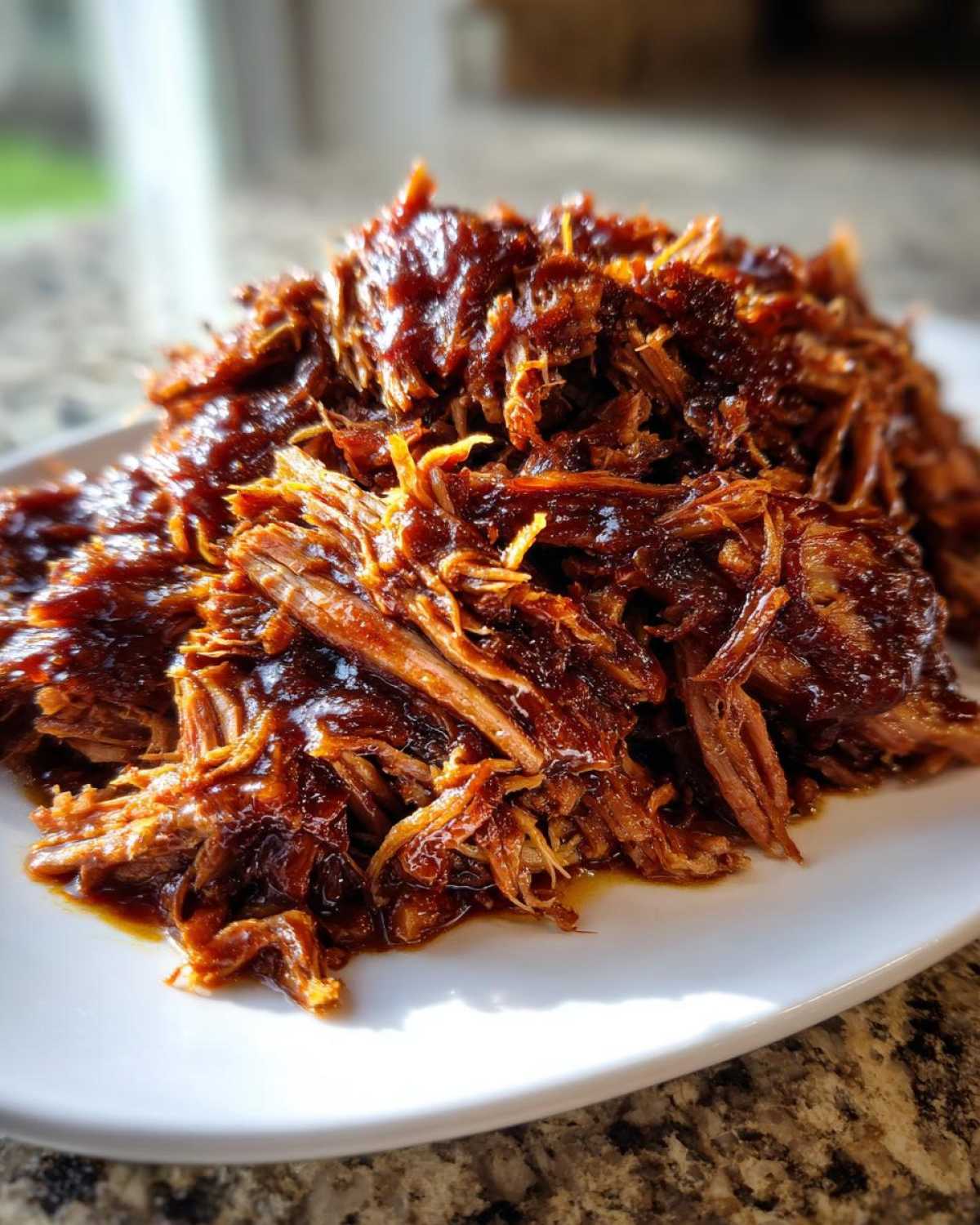 A close-up of shredded, saucy pioneer woman slow cooker pulled pork piled high on a white plate.