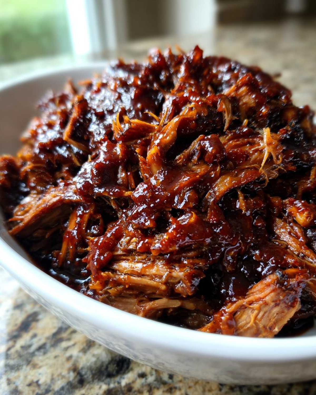 Close-up of saucy, shredded pioneer woman slow cooker pulled pork piled high in a white bowl.