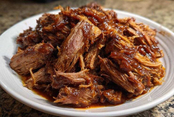 A close-up of shredded, tender pioneer woman slow cooker pulled pork coated in rich barbecue sauce on a white plate.