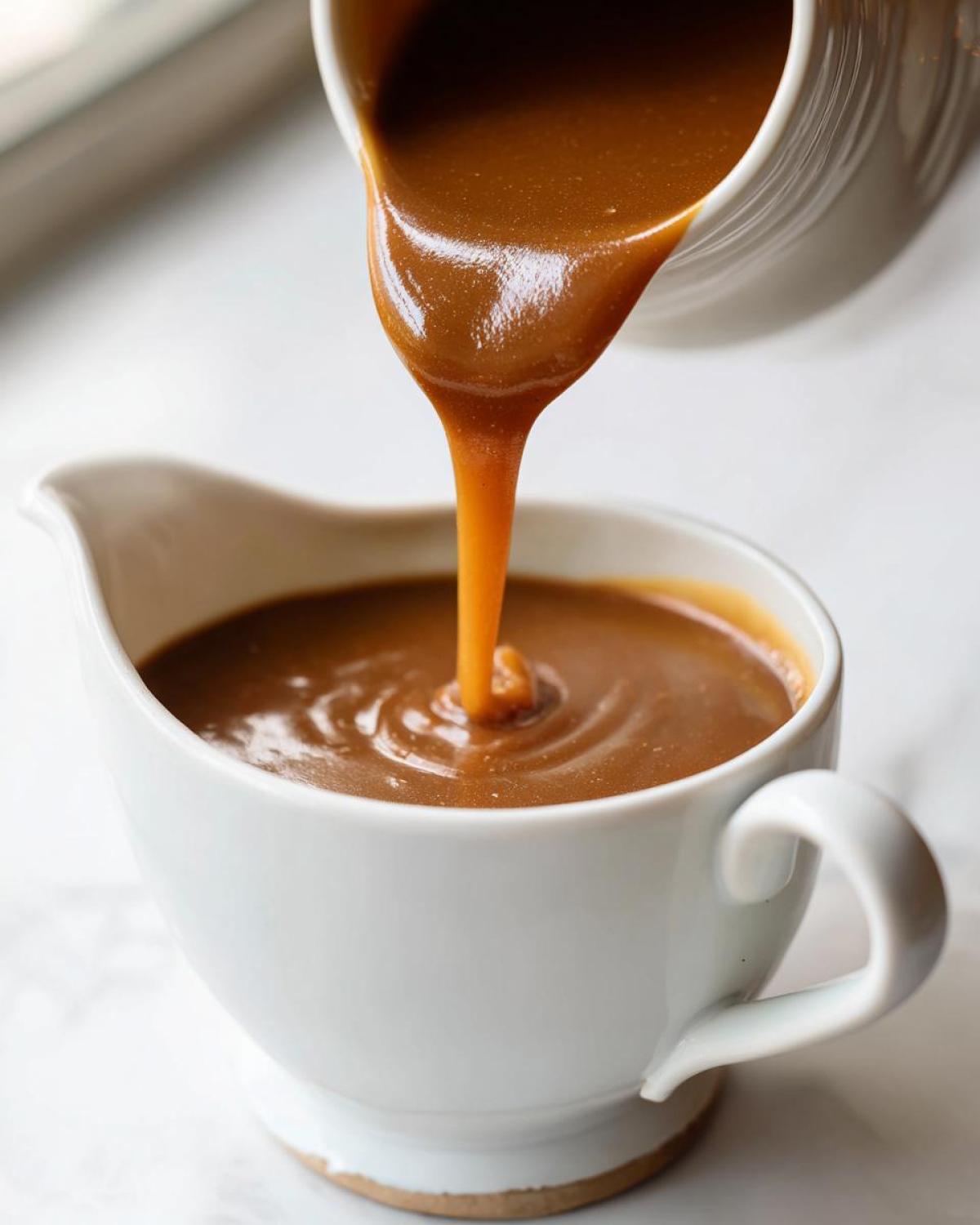 Close-up of rich, thick homemade brown gravy being poured from a small white pitcher into a larger white gravy boat.