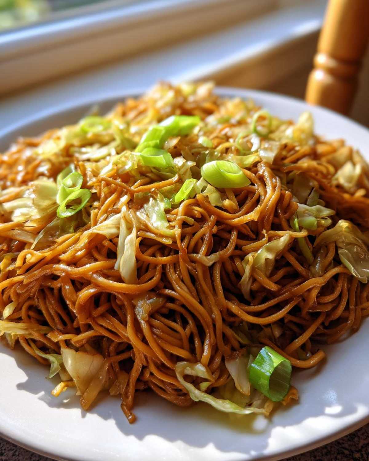 A close-up of a plate piled high with glossy, brown fried noodles mixed with cabbage and topped with fresh green onions.