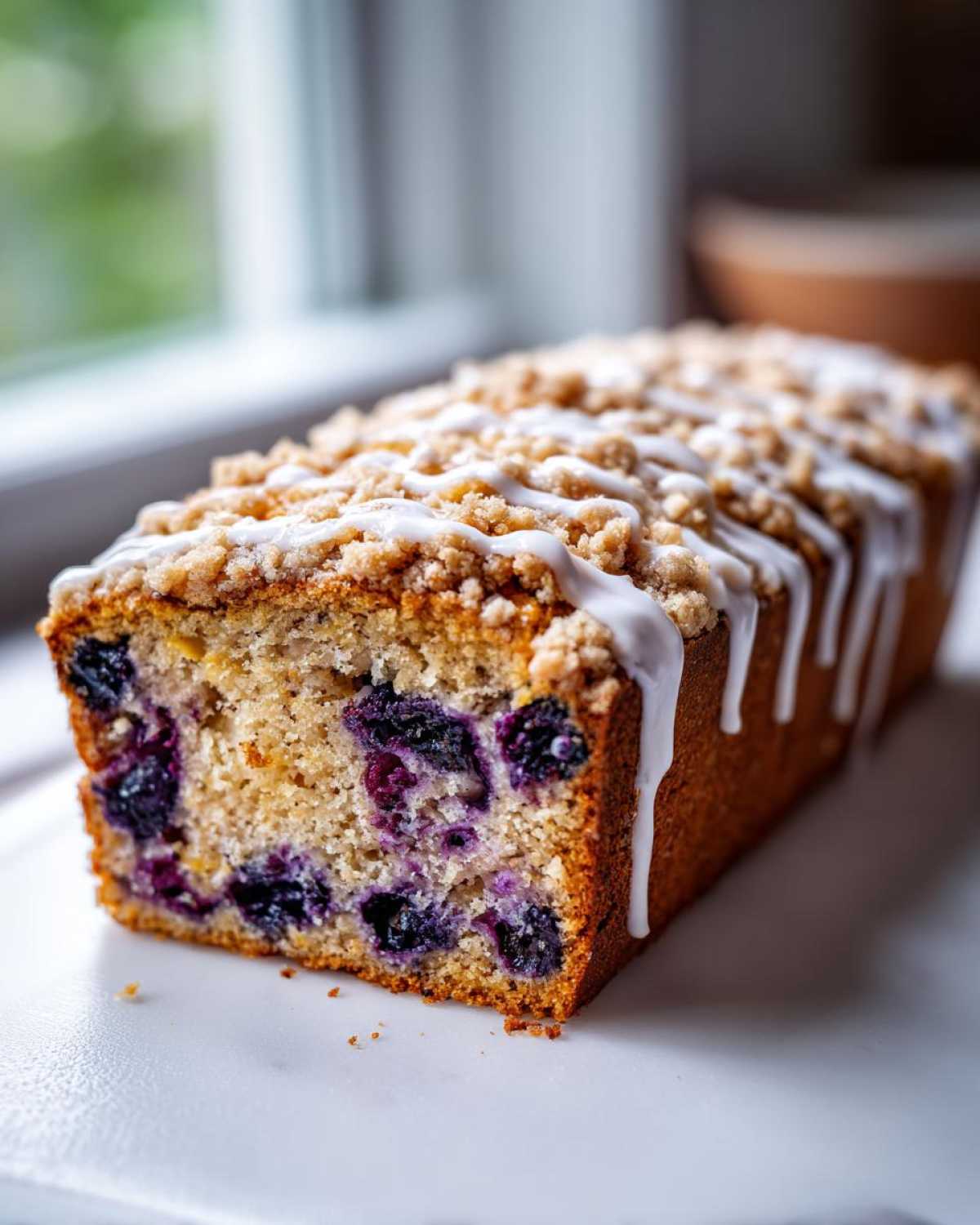 Cross-section of a Quick & Delicious Blueberry Streusel Coffee Cake loaf with visible blueberries and white icing drizzle.