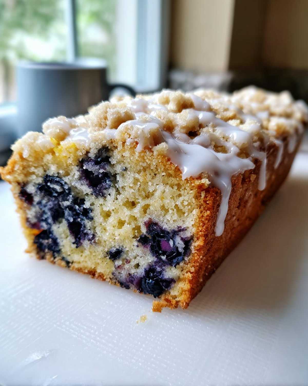 Close-up of a slice of Quick & Delicious Blueberry Streusel Coffee Cake with a sweet glaze drizzle.