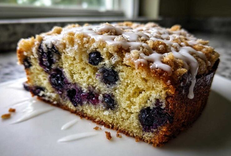 Close-up of a slice of Quick & Delicious Blueberry Streusel Coffee Cake with visible blueberries and white glaze.