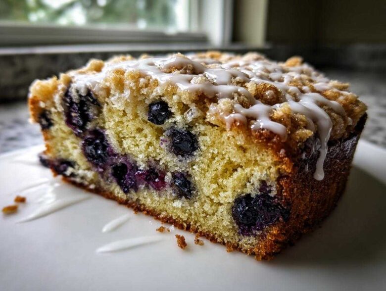 Close-up of a slice of Quick & Delicious Blueberry Streusel Coffee Cake with visible blueberries and white glaze.