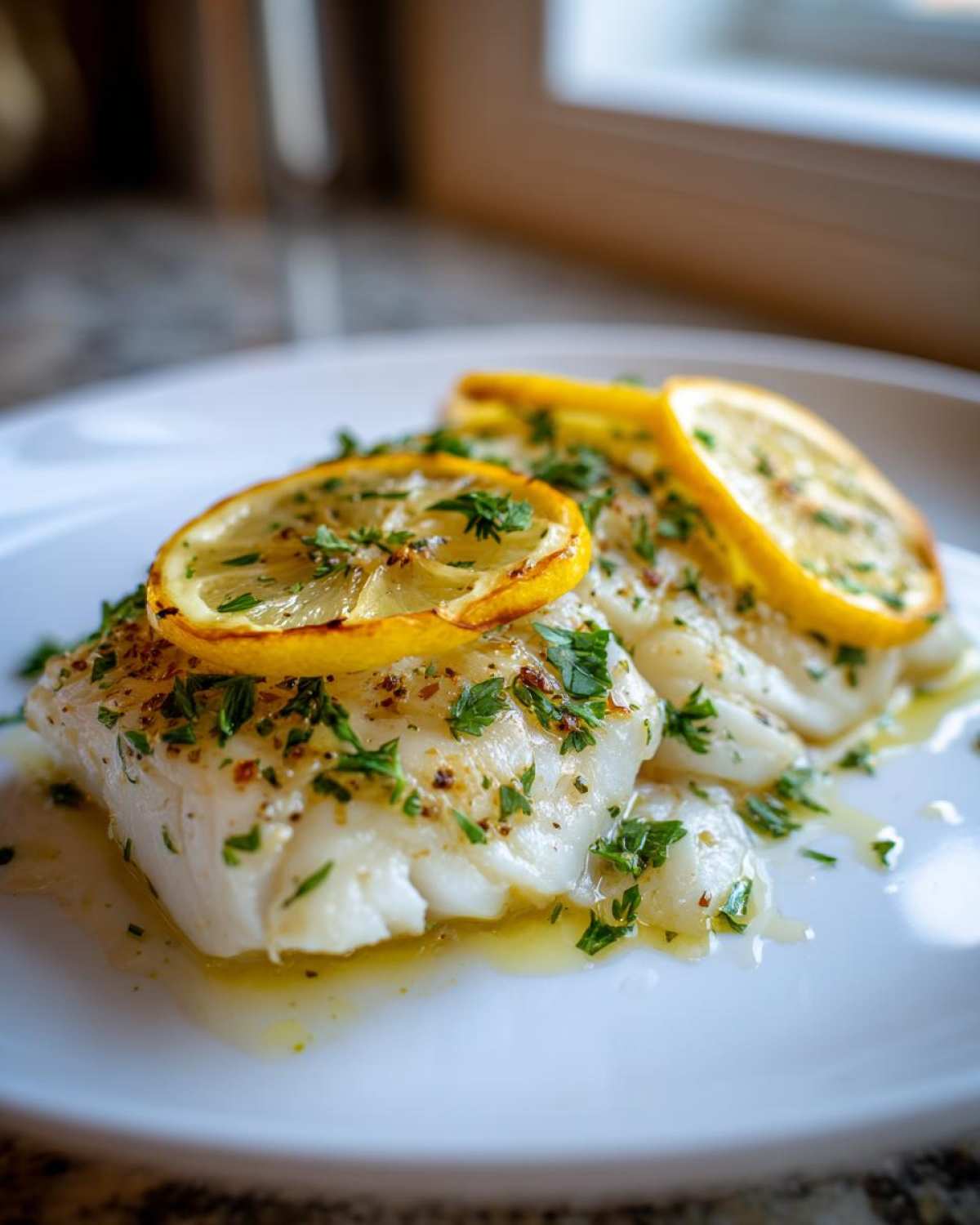 Close-up of a flaky white fish Seafood Dish topped with lemon slices and fresh parsley.