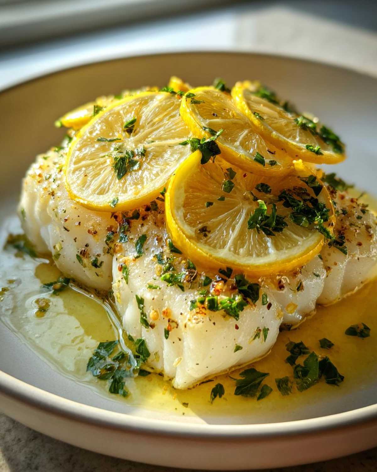 Close-up of a flaky white fish, a quick Seafood Dish, topped with fresh lemon slices and chopped parsley in butter sauce.