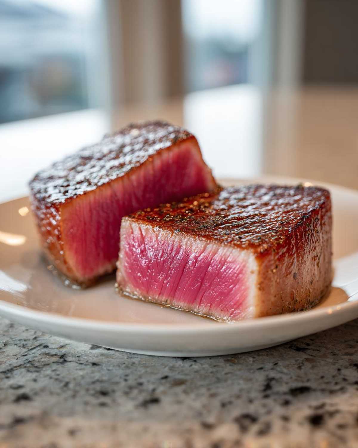 Two thick halves of a perfectly seared, rare tuna steak showing a bright pink center on a white plate.