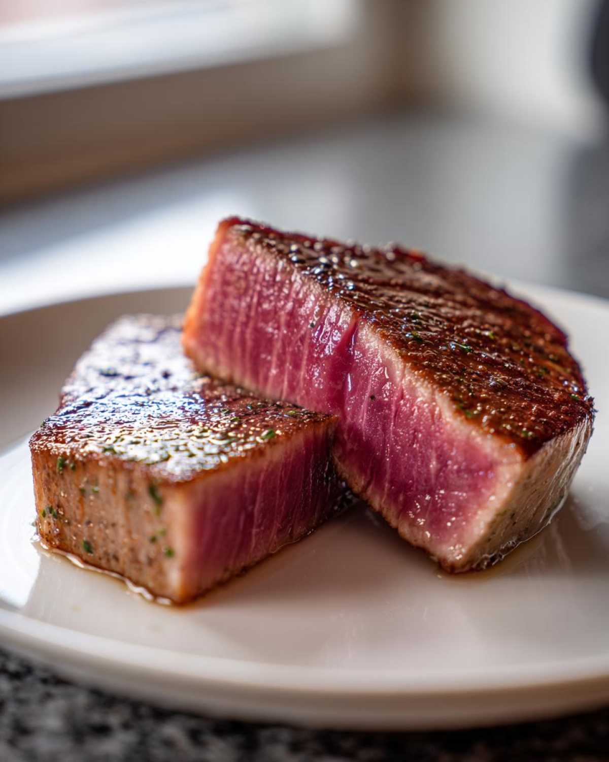 Two thick slices of perfectly seared rare tuna steak showing a deep pink center on a white plate.