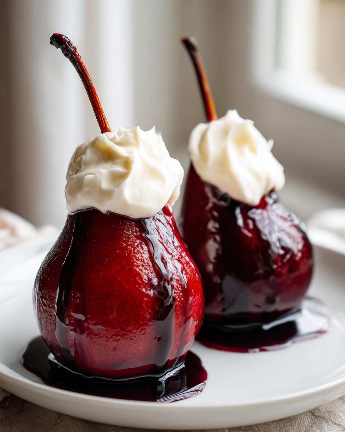 Close-up of two glistening, deep red poached pears topped with whipped cream, drizzled with syrup.