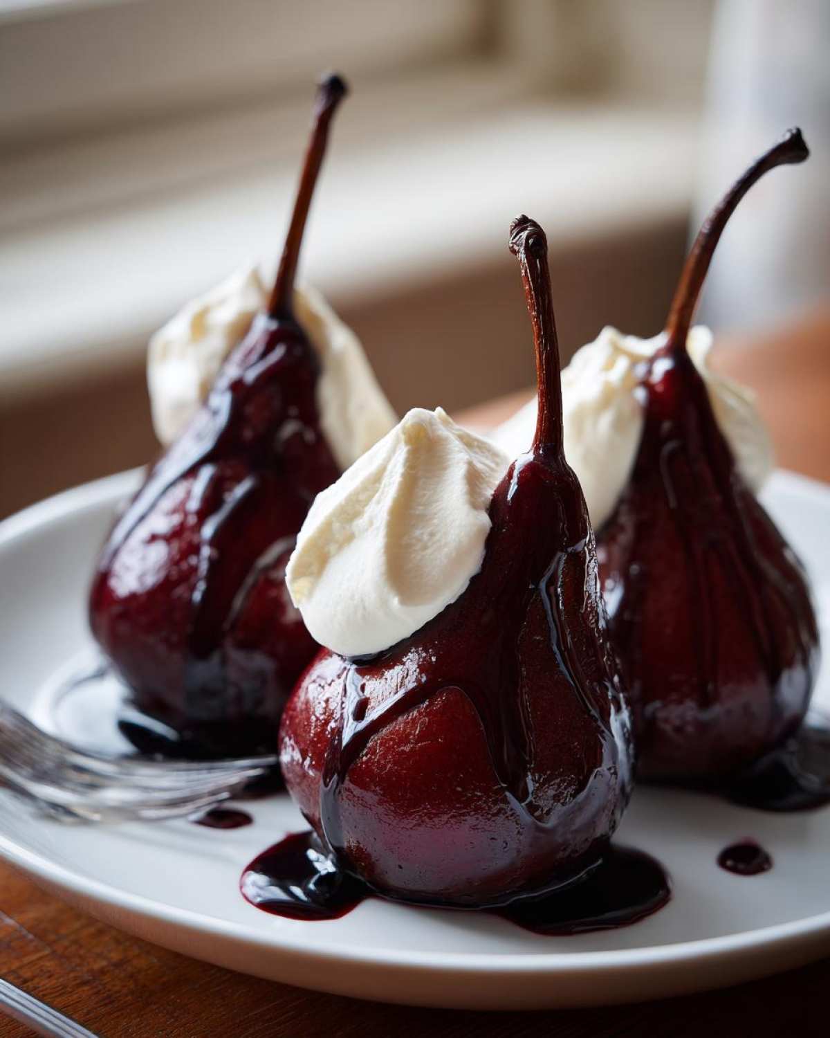 Three deep red wine poached pears, each topped with a dollop of whipped cream and drizzled with syrup.