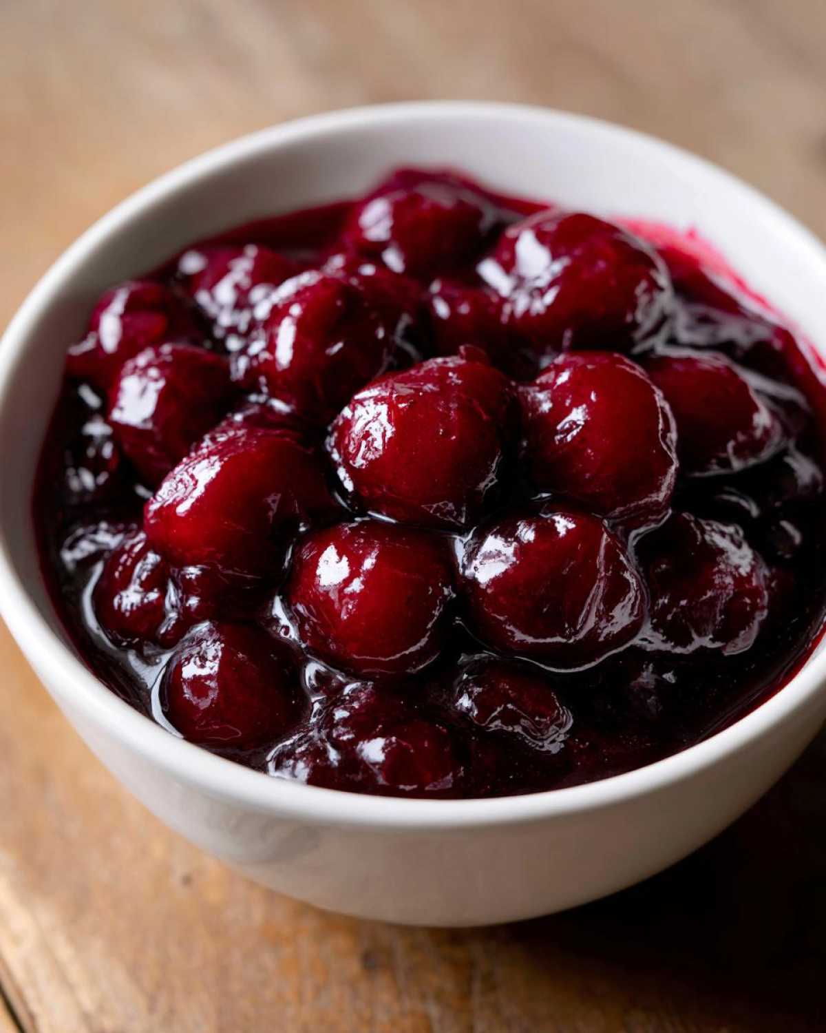 Close-up of glossy, deep red homemade cherry pie filling served in a small white bowl on a wooden surface.