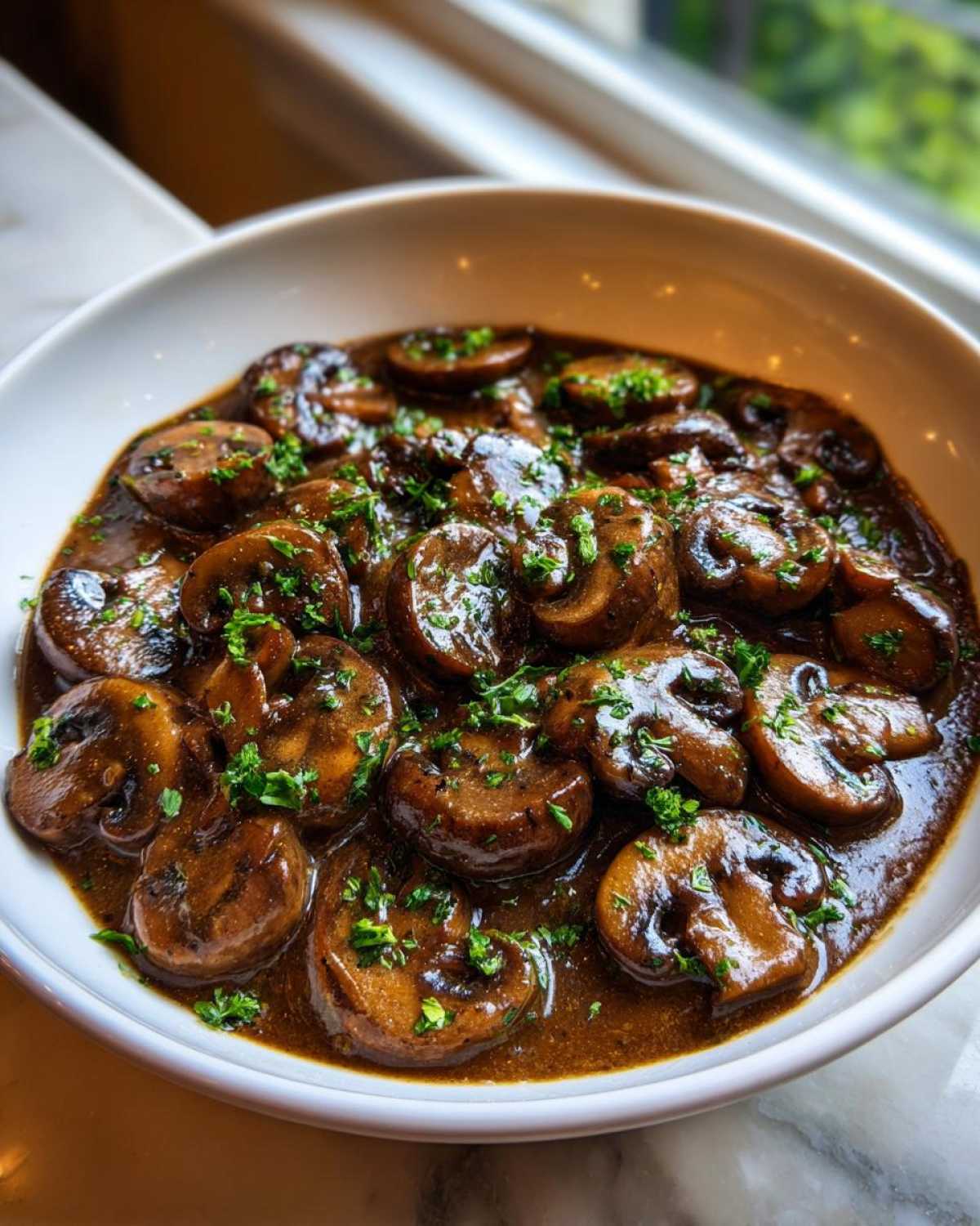 Close-up of a white bowl filled with rich, dark mushroom sauce and sliced mushrooms, garnished with fresh parsley.