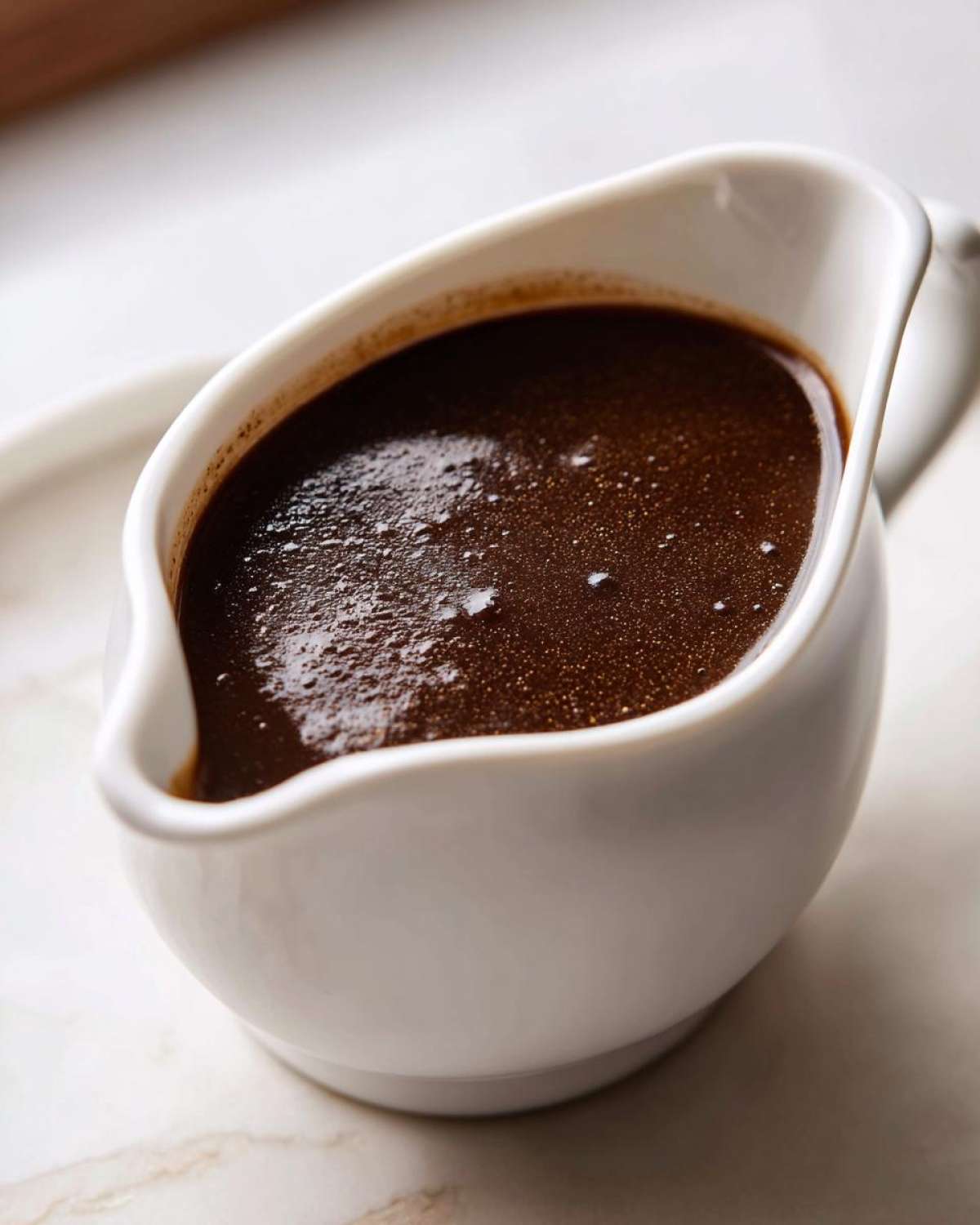 Close-up of rich, dark homemade brown gravy filling a small, white ceramic gravy boat.