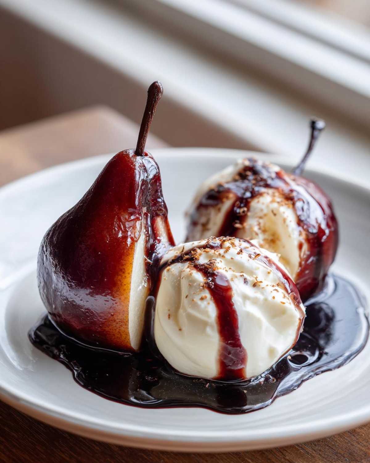 Two dark red poached pears served with scoops of vanilla cream and drizzled with rich chocolate syrup.