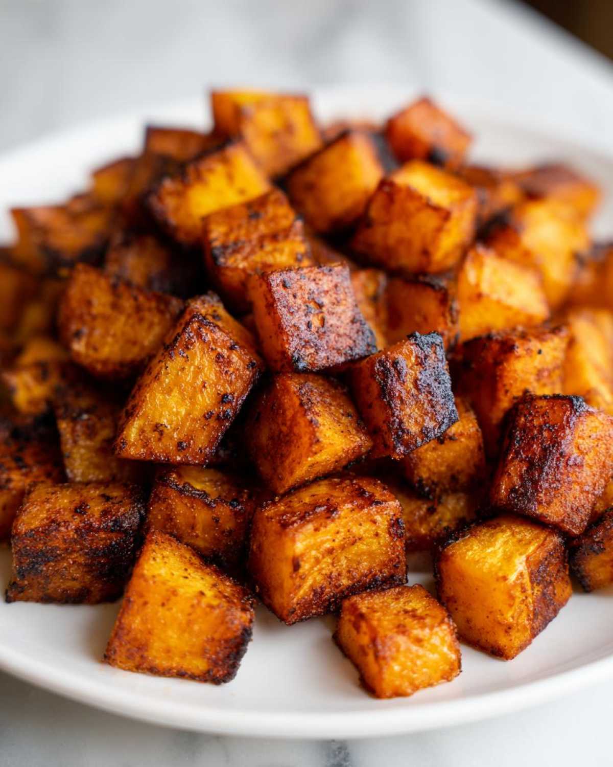 Close-up of perfectly caramelized and seasoned roasted butternut squash cubes piled on a white plate.