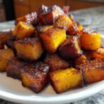 A close-up of perfectly caramelized and browned roasted butternut squash cubes piled high on a white plate.