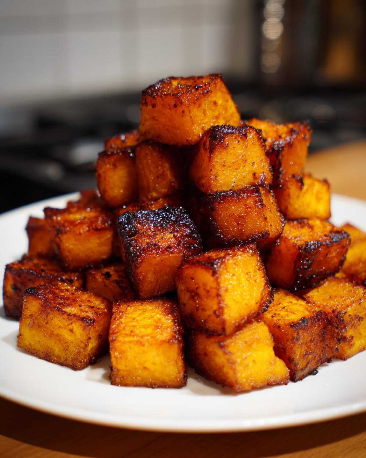 A mound of perfectly caramelized and roasted butternut squash cubes served on a white plate.