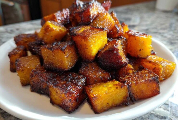 A close-up of perfectly caramelized and browned roasted butternut squash cubes piled high on a white plate.